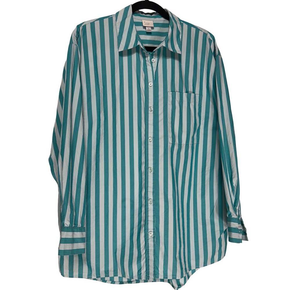 A New Day Women's Teal Striped Cotton Button Down Shirt Large - Picture 4 of 9
